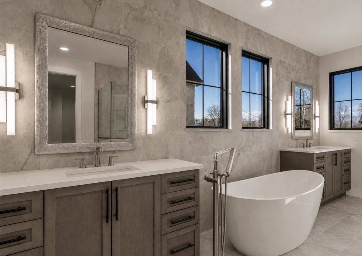 Two wood bathroom vanities with white countertops and undermount sinks beside a freestanding bathtub, framed mirrors and tall black-framed windows