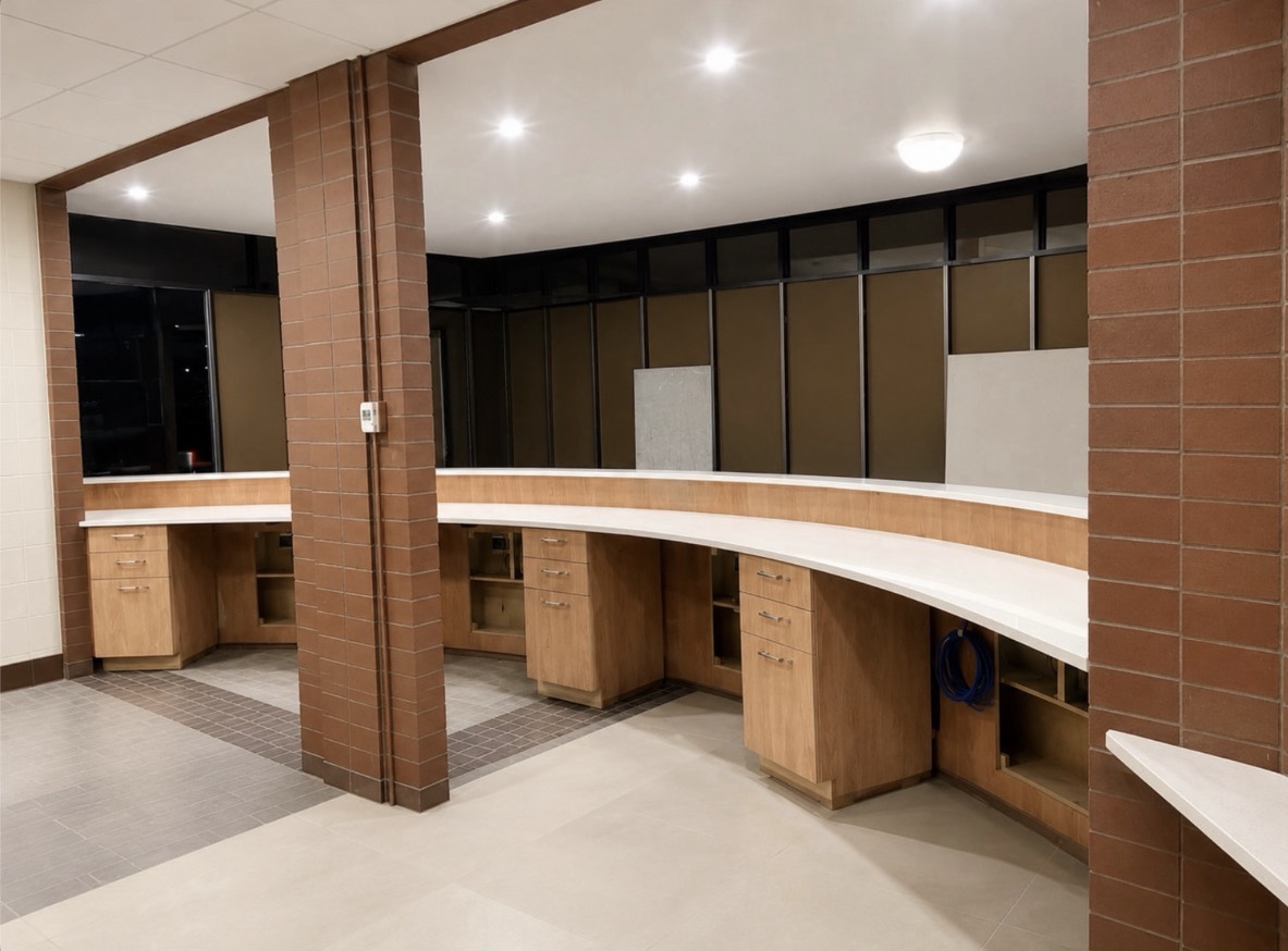 Commercial curved quartz reception counters with 3 cm square eased edges, view 3