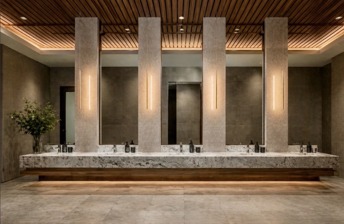 Long stone vanity with integrated sinks, tall mirrors, warm lighting and a wood ceiling in a commercial restroom