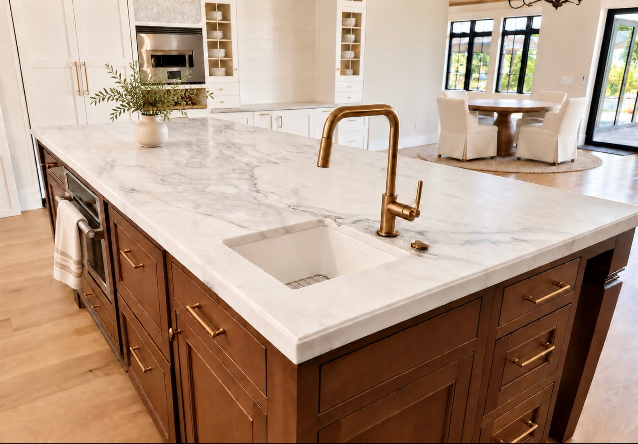 Marble kitchen island with flowing gray veining, quirk miter edge detail, wood cabinets and brass faucet