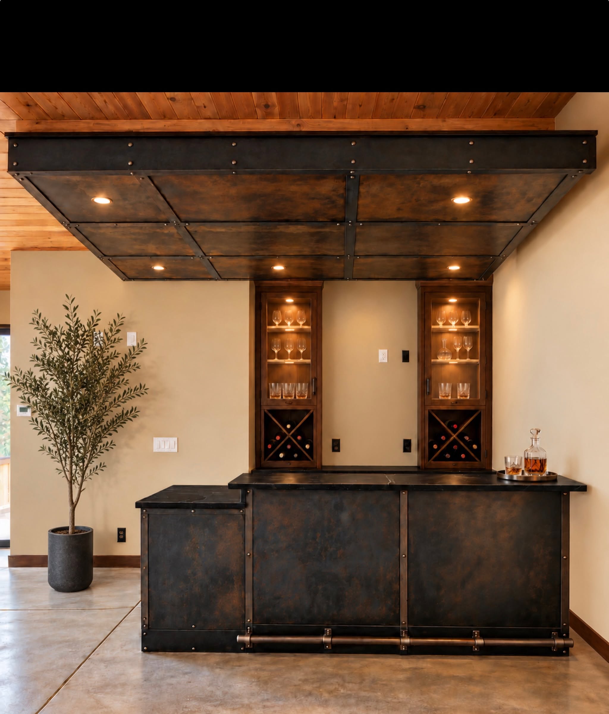 Rustic wet bar with a dark countertop, raised bar ledge, illuminated glassware cabinets and metal-front cabinetry
