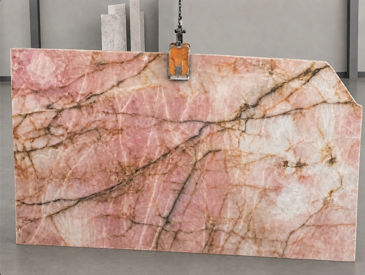 Pink and white veined stone slab held by a lifting clamp inside the fabrication shop