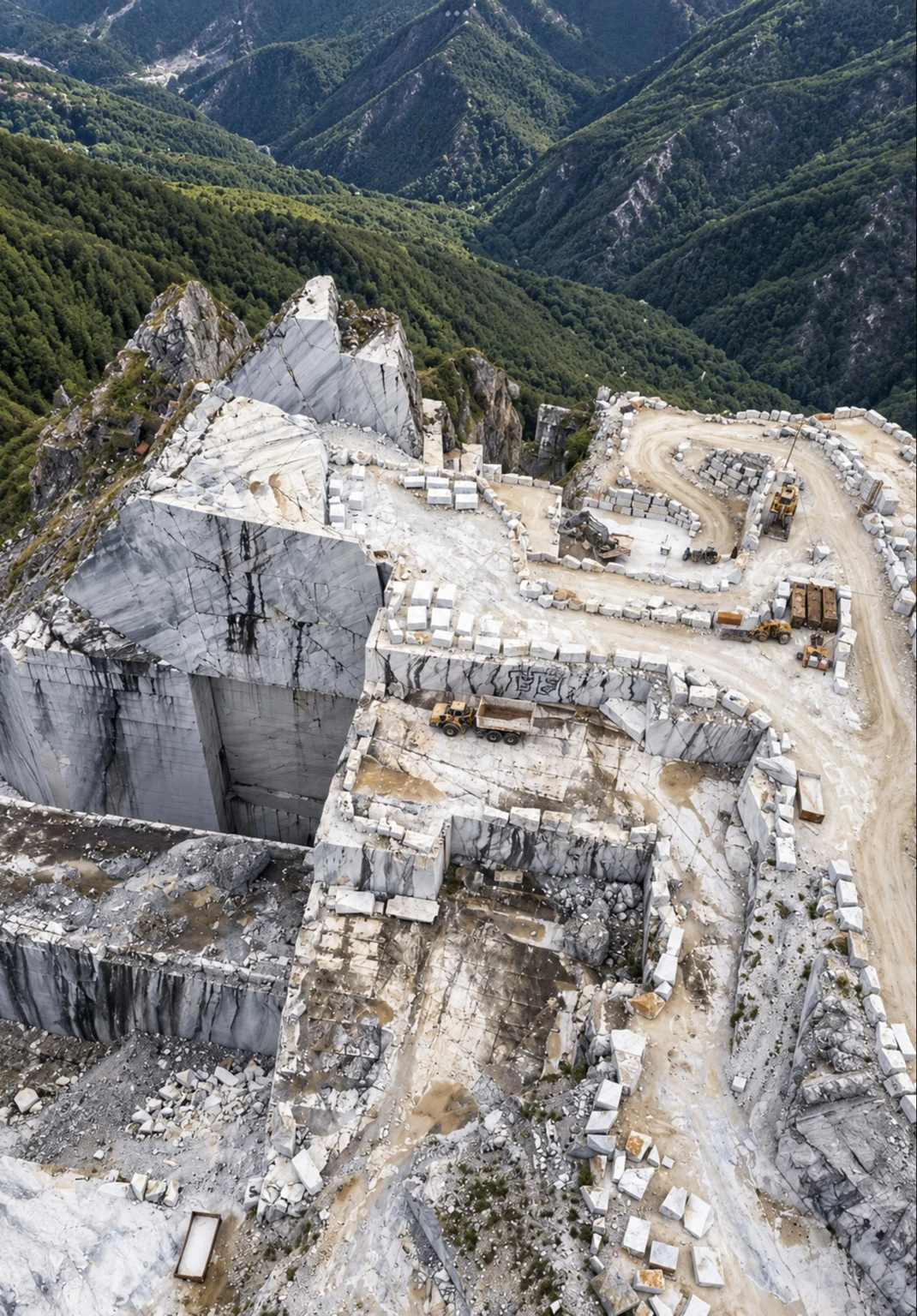 Illustrative aerial view of a natural stone quarry with exposed veining and extracted blocks