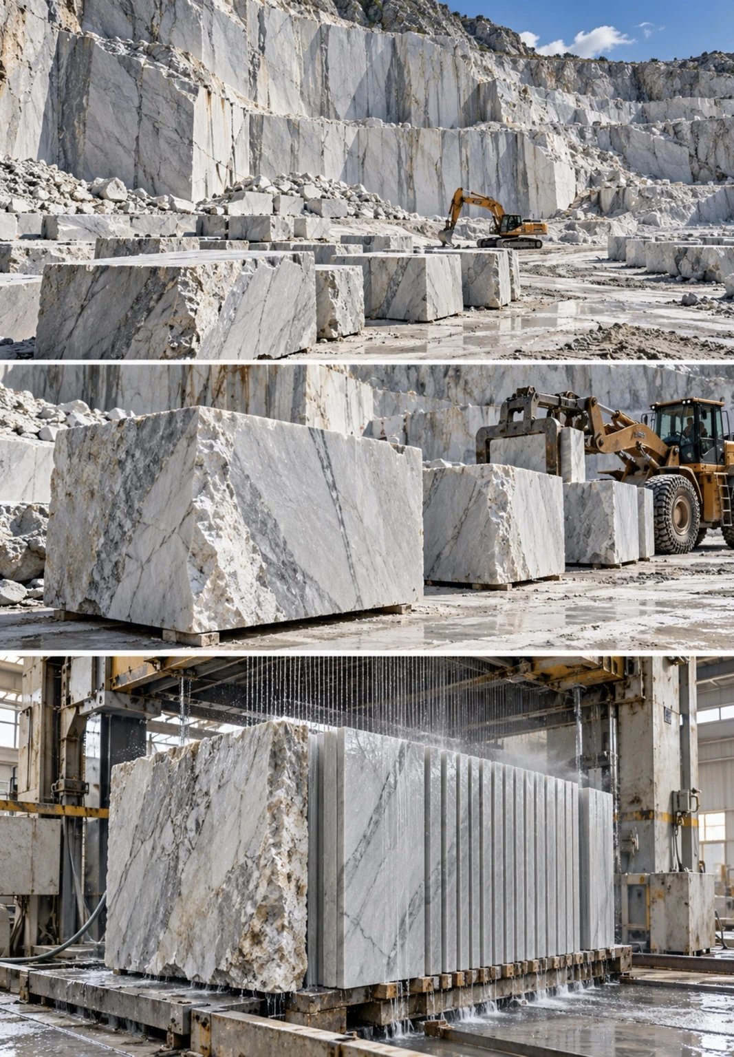 Illustrative sequence showing stone quarry blocks, block handling, and cutting a block into slabs