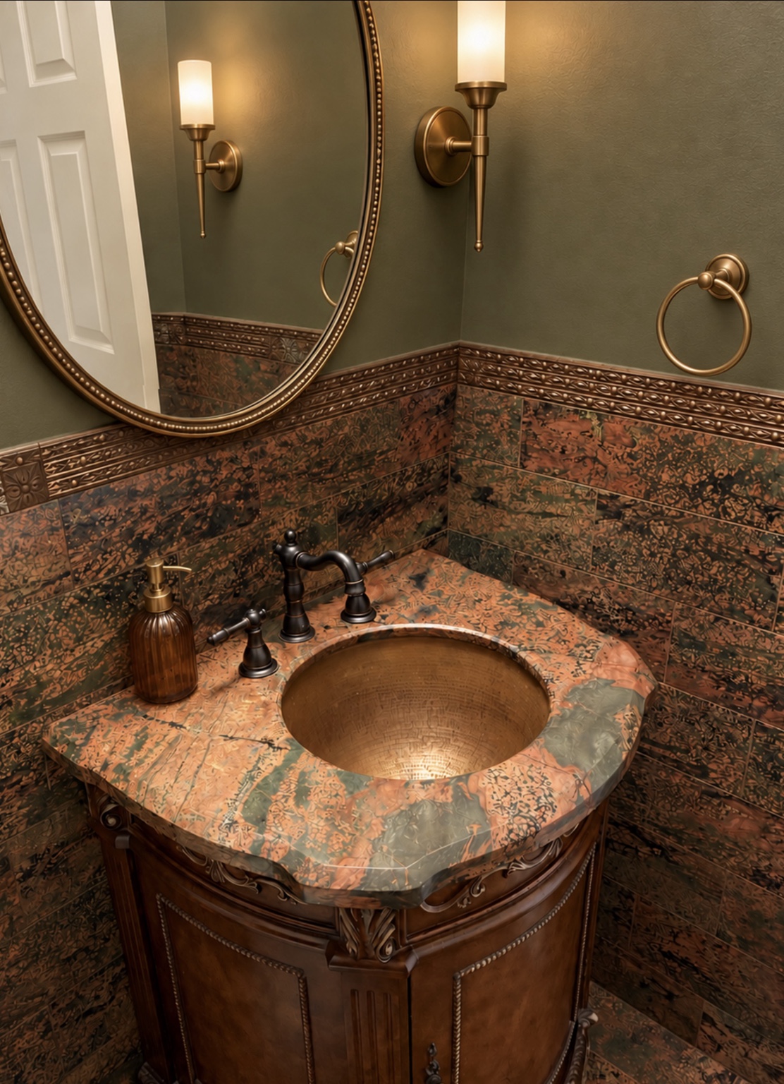 6 cm quartzite vanity countertop with a 1-inch bevel edge, round copper sink, bronze faucet and matching stone backsplash