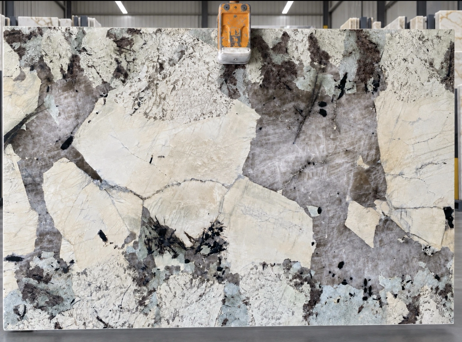 Quartzite slab with cream, gray and dark crystalline patterns held by a lifting clamp in the fabrication shop